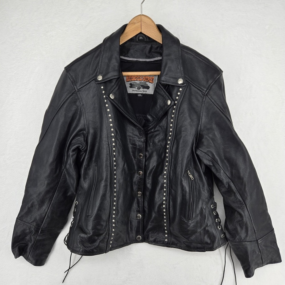 Motorcycle Outpost Jacket Womens 2XL Black Leather Studded Biker Western Lined